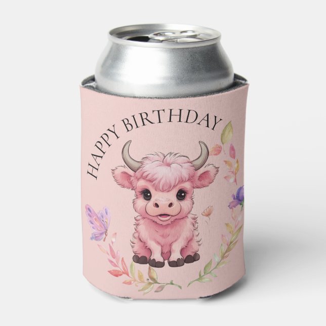 Fluffy Pink Highlands Scottish Cow Can Cooler (Can Front)