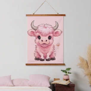 Fluffy Pink Highlands Scottish Cow Hanging Tapestry