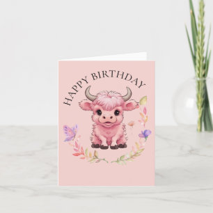 Fluffy Pink Highlands Scottish Cow Holiday Card