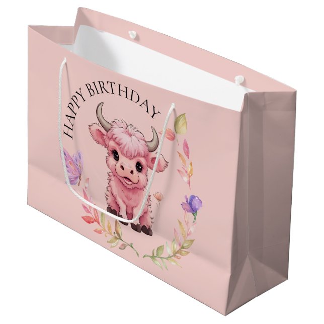 Fluffy Pink Highlands Scottish Cow Large Gift Bag (Front Angled)