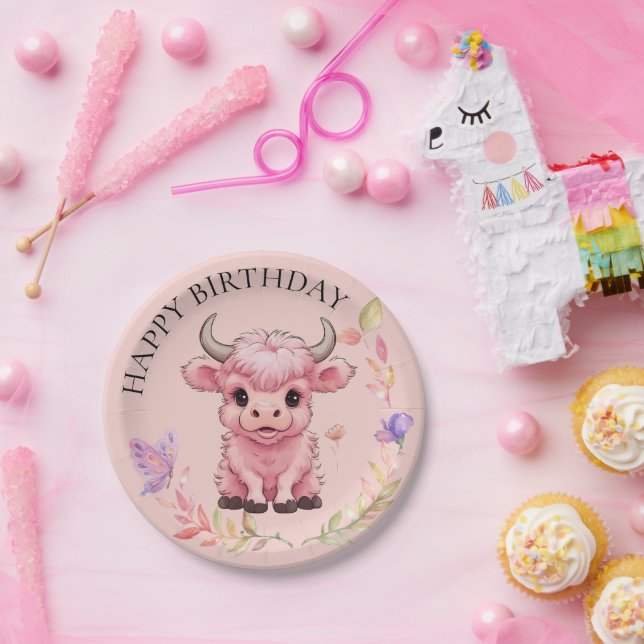 Fluffy Pink Highlands Scottish Cow Paper Plate (Party)