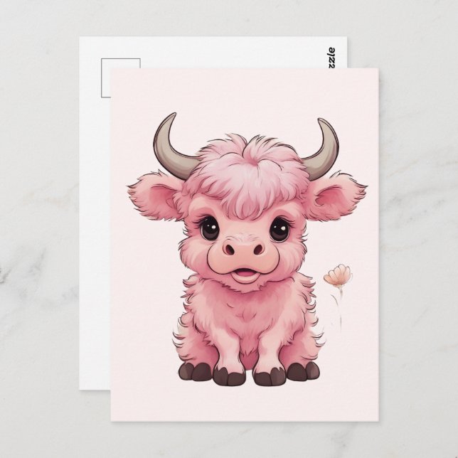 Fluffy Pink Highlands Scottish Cow Postcard (Front/Back)