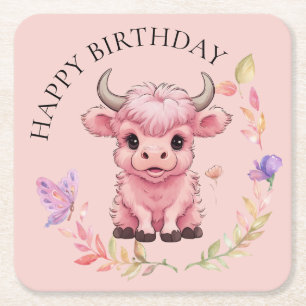 Fluffy Pink Highlands Scottish Cow Square Paper Coaster