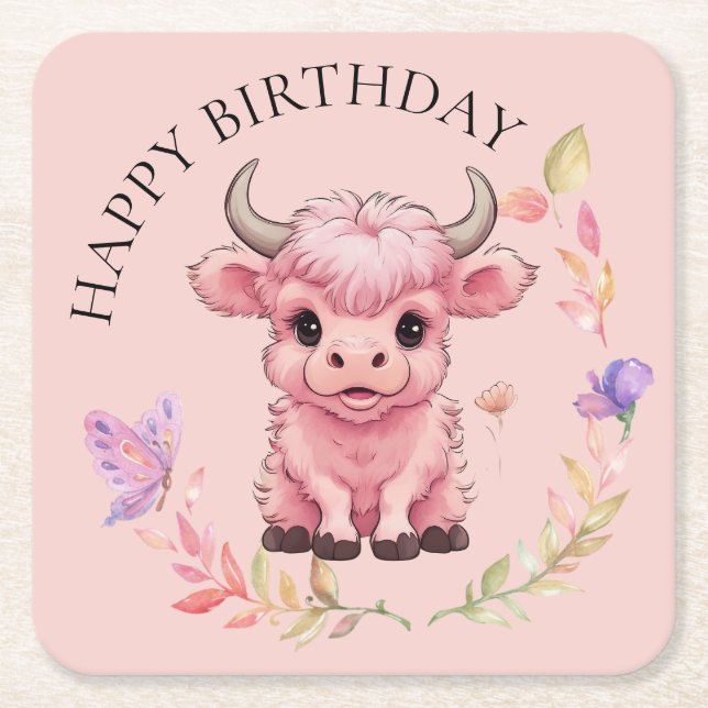 Fluffy Pink Highlands Scottish Cow Square Paper Coaster (Front)
