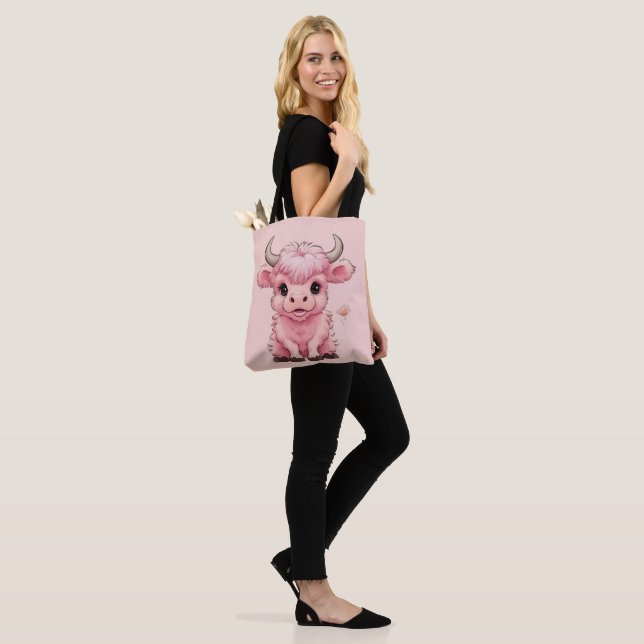 Fluffy Pink Highlands Scottish Cow Tote Bag (On Model)