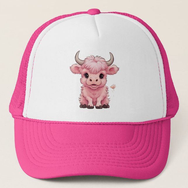 Fluffy Pink Highlands Scottish Cow Trucker Hat (Front)