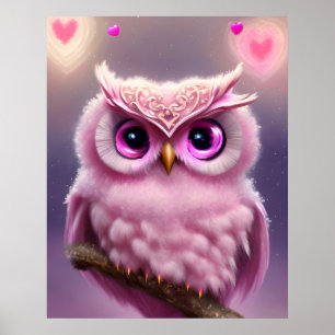 Fluffy Pink Owl with Hearts Poster