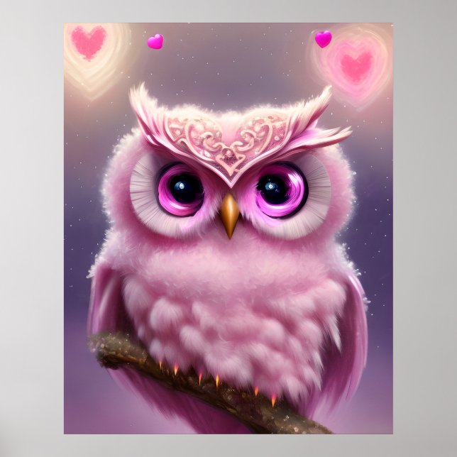 Fluffy Pink Owl with Hearts Poster (Front)
