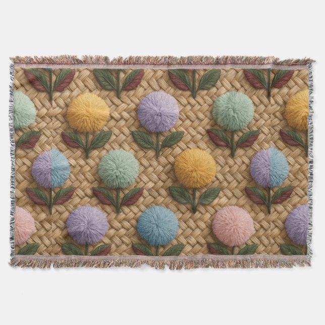 Fluffy Pom-Pom Flowers with a Touch of Whimsy Throw Blanket (Front)