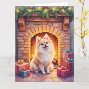 Fluffy Pomeranian Cozy Christmas Fireplace Dog Art Card