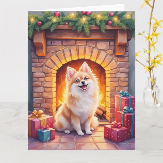 Fluffy Pomeranian Cozy Christmas Fireplace Dog Art Card (Yellow Flower)