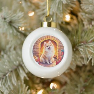 Fluffy Pomeranian Cozy Christmas Fireplace Dog Art Ceramic Ball Christmas Ornament