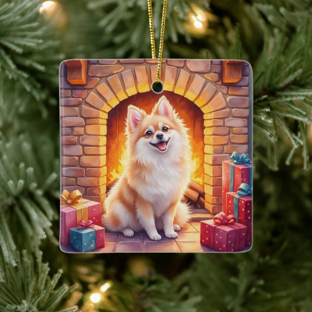 Fluffy Pomeranian Cozy Christmas Fireplace Dog Art Ceramic Ornament (Tree)