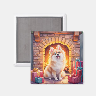 Fluffy Pomeranian Cozy Christmas Fireplace Dog Art Magnet