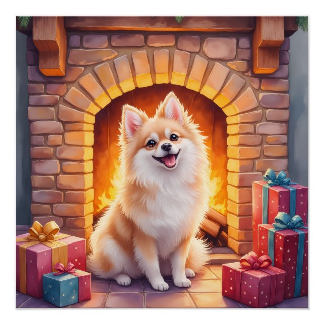 Fluffy Pomeranian Cozy Christmas Fireplace Dog Art Poster (Front)