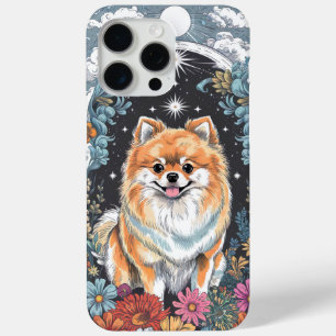 Fluffy Pomeranian Surrounded by Colourful Floral iPhone 15 Pro Max Case