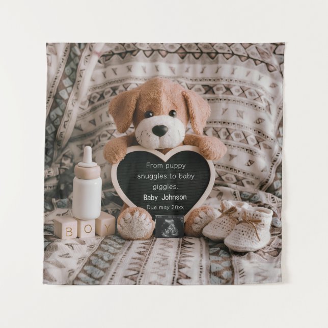 Fluffy Puppy Baby boy and pregnancy announcement Tapestry (Front)