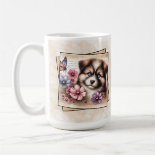 Fluffy Puppy & Colorful Garden Coffee Mug