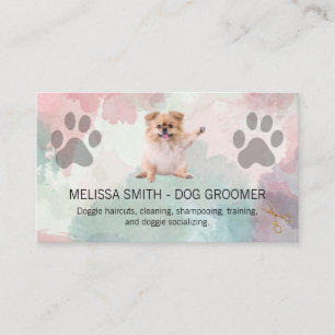 Fluffy Puppy Paw Prints Grooming Scissors Business Card