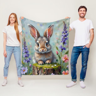 Fluffy Rabbit in a Field of Flowers Fleece Blanket