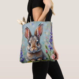 Fluffy Rabbit in a Field of Flowers Tote Bag