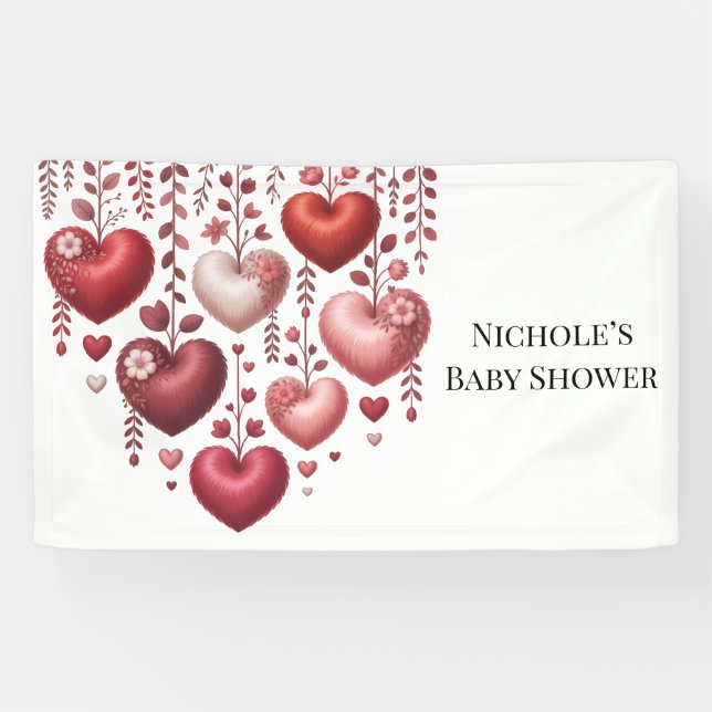 Fluffy Red Floral Heart Baby Shower Banner (Horizontal)