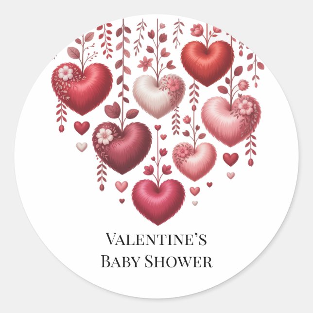 Fluffy Red Floral Heart Baby Shower Classic Round Sticker (Front)