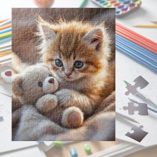 Fluffy red kitten playing with a tiny teddy bear,  jigsaw puzzle