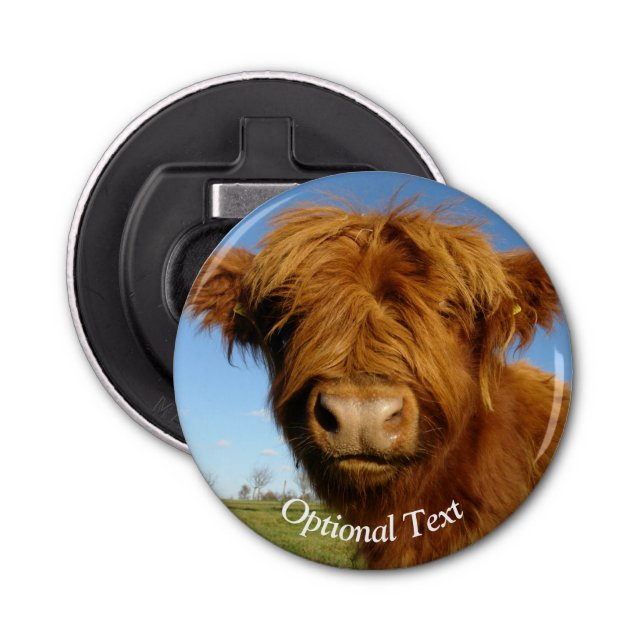 Fluffy Scottish Highland Cow - Blue Sky Bottle Opener (Front)