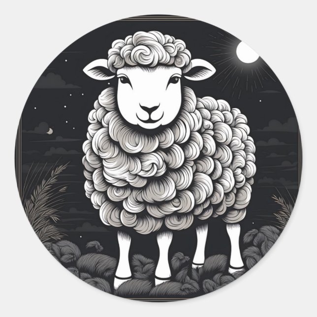 Fluffy Sheep Black And White Classic Round Sticker (Front)