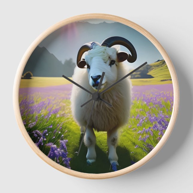 Fluffy Sheep field of purple flowers  Clock (Front)