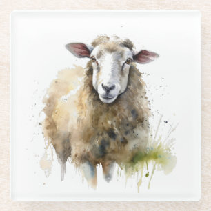 Fluffy Sheep in Pasture Glass Coaster