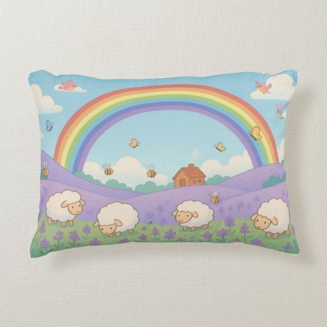 Fluffy Sheep Lavender Field Rainbow Art Decorative Cushion (Front)