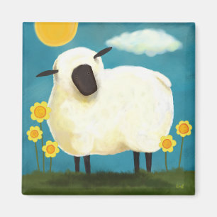 Fluffy Sheep & Yellow Flowers Art Magnet