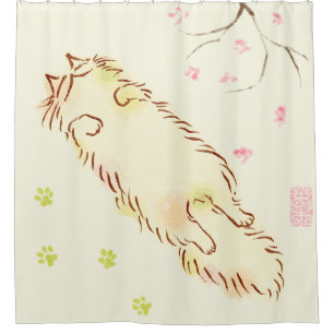 Fluffy Sleepy Cat Plum blossom Shower Curtain