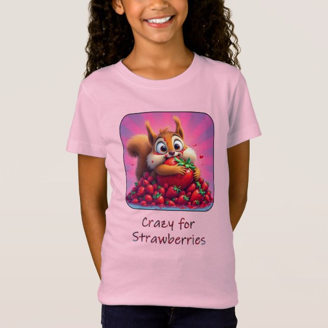 Fluffy Squirrel “Crazy for Strawberries”, funny  T-Shirt (Front)