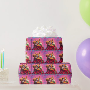 Fluffy Squirrel “Crazy for Strawberries”, funny Wrapping Paper