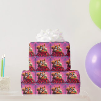 Fluffy Squirrel “Crazy for Strawberries”, funny Wrapping Paper