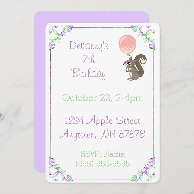 Fluffy Squirrel with Pink Balloon Birthday Invitation (Front/Back)