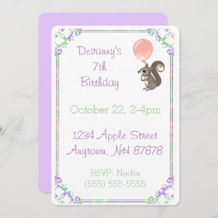 Fluffy Squirrel with Pink Balloon Birthday Invitation