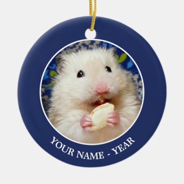 Fluffy syrian hamster Kokolinka eating a seed Ceramic Tree Decoration (Front)
