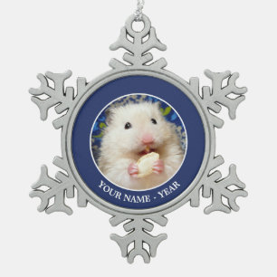 Fluffy syrian hamster Kokolinka eating a seed Snowflake Pewter Christmas Ornament
