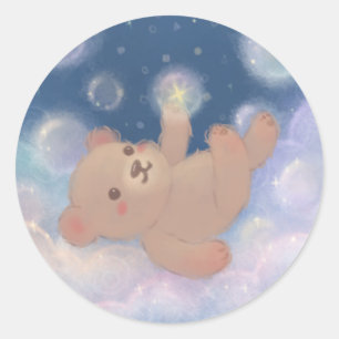 Fluffy Teddy Bear Floating on Clouds Classic Round Sticker
