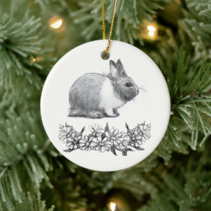 Fluffy the rabbit. Pencil drawing Monochrome Black Ceramic Tree Decoration