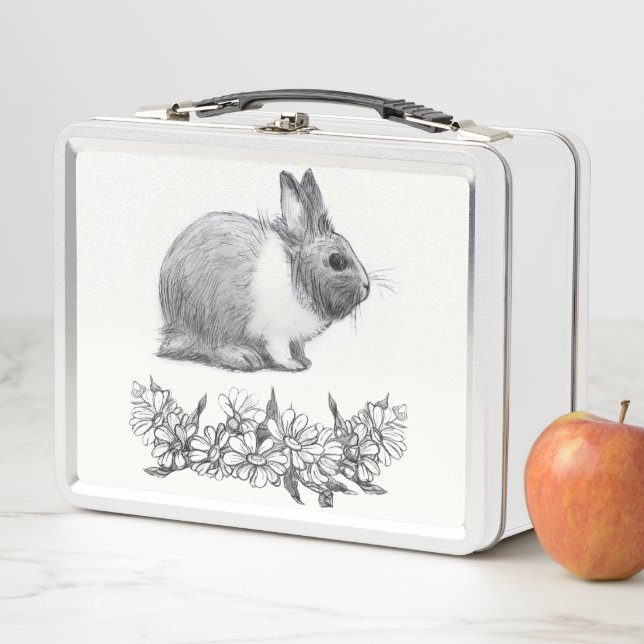 Fluffy the rabbit. Pencil drawing Monochrome Black Metal Lunch Box (In Situ)