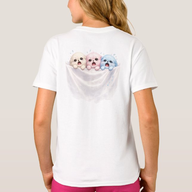 Fluffy Trio in Panic – Cute Pastel Creatures  T-Shirt (Back)