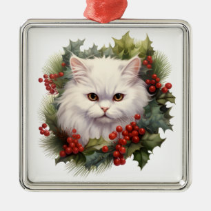 FLUFFY WATERCOLOR HOLIDAY CHRISTMAS PERSIAN CAT METAL TREE DECORATION