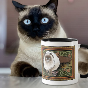 Fluffy Welcome Siamese Cat Mouse Vintage Mug