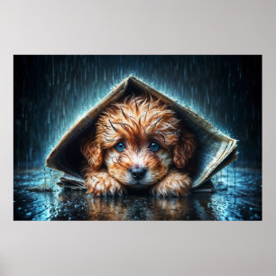 Fluffy wet puppy seeking warmth and comfort poster