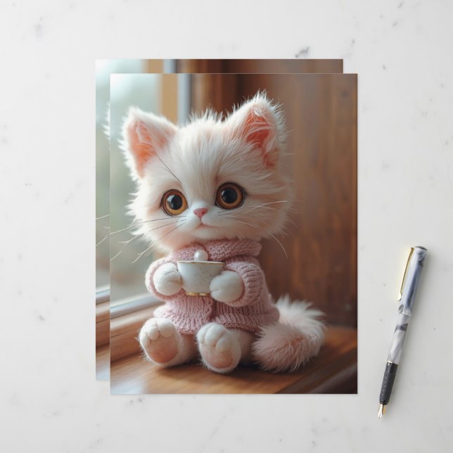 Fluffy White and Light Pink Cat Scrapbook Paper (Front/Back In Situ)